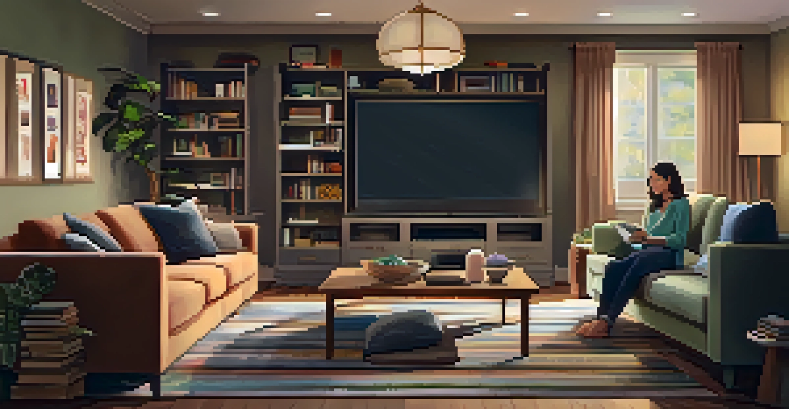 A cozy living room with a family watching a streaming service on television.