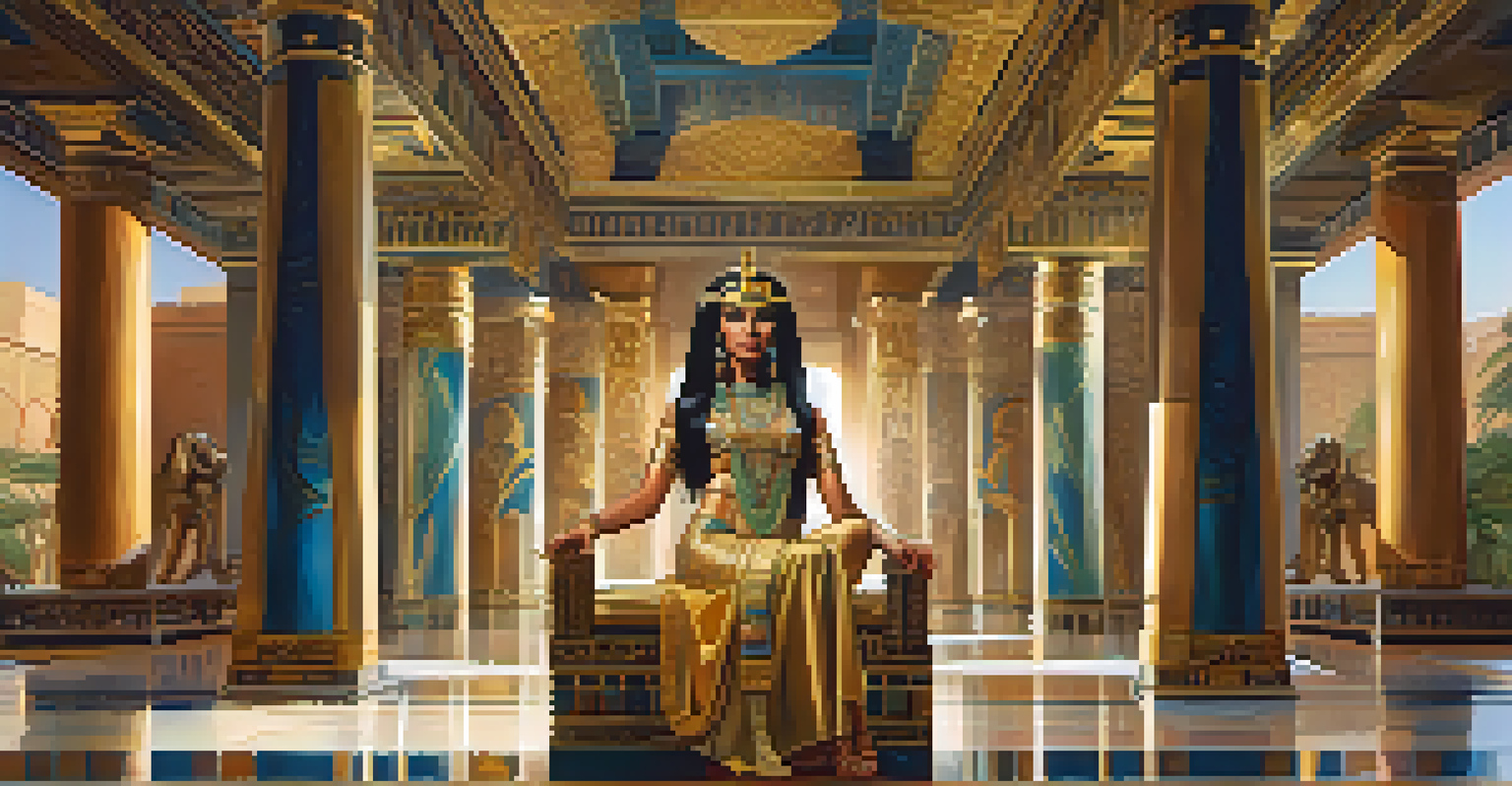 A portrait of Cleopatra in an opulent palace, adorned in jewelry with intricate decorations and soft lighting enhancing her features.