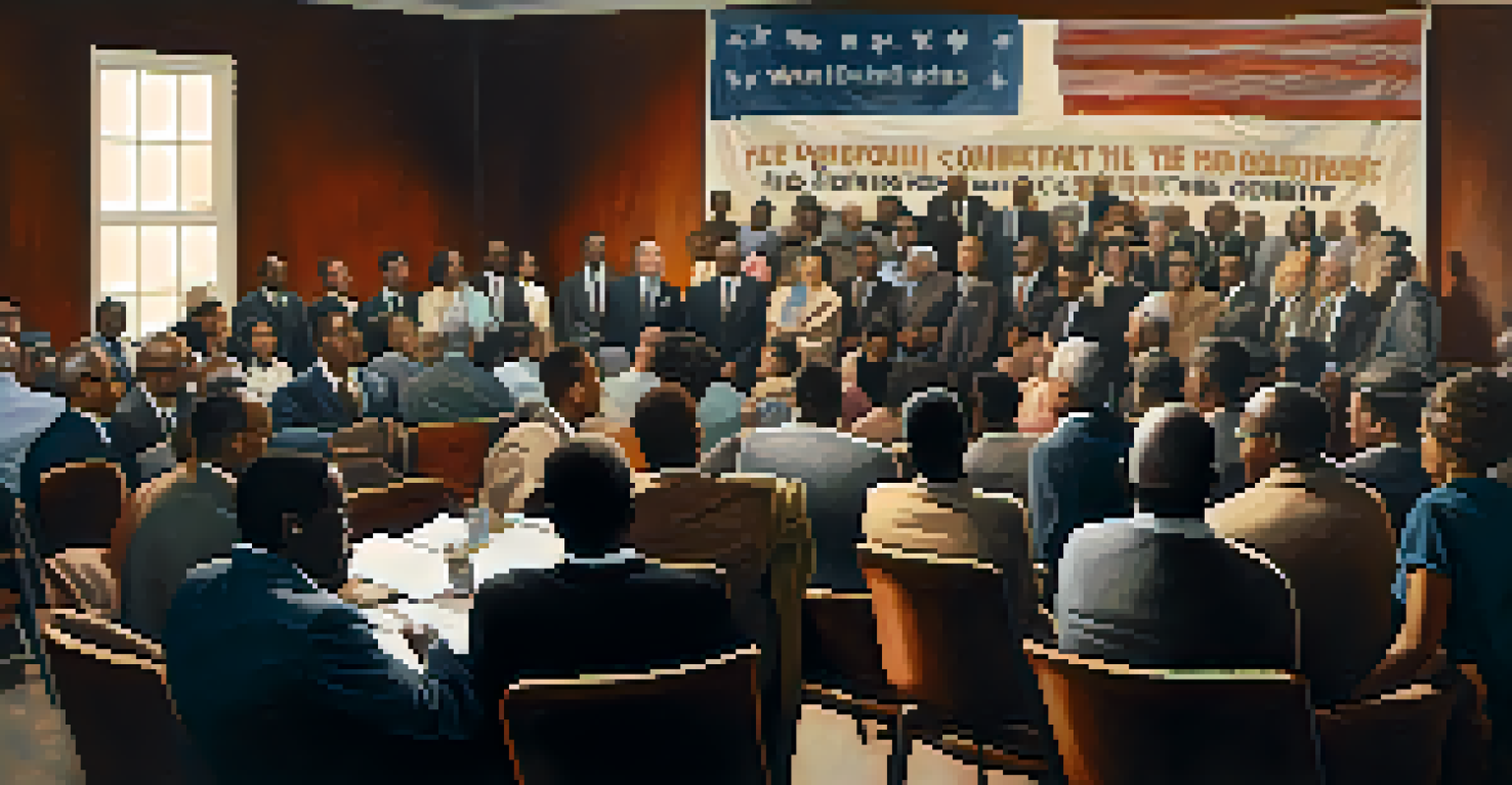 A historical civil rights meeting with passionate individuals discussing unity, captured in a documentary style.