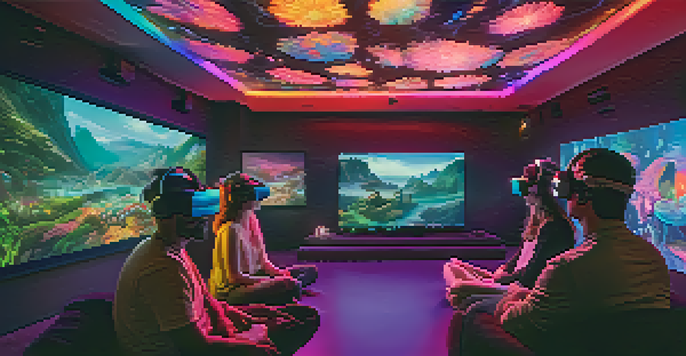 A group of diverse individuals wearing VR headsets in a dark room filled with colorful and dynamic visuals, indicating immersion in a virtual reality experience.