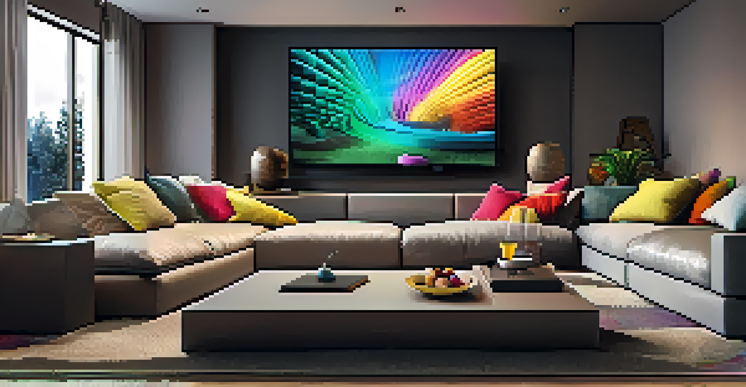 A couple enjoying a streaming series in a modern home theater with plush seating and ambient lighting.
