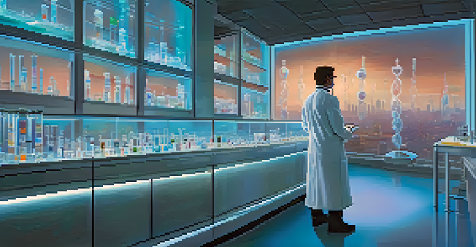 A futuristic laboratory showcasing genetic cloning technology with a scientist examining a holograph of DNA against a city skyline at dusk.