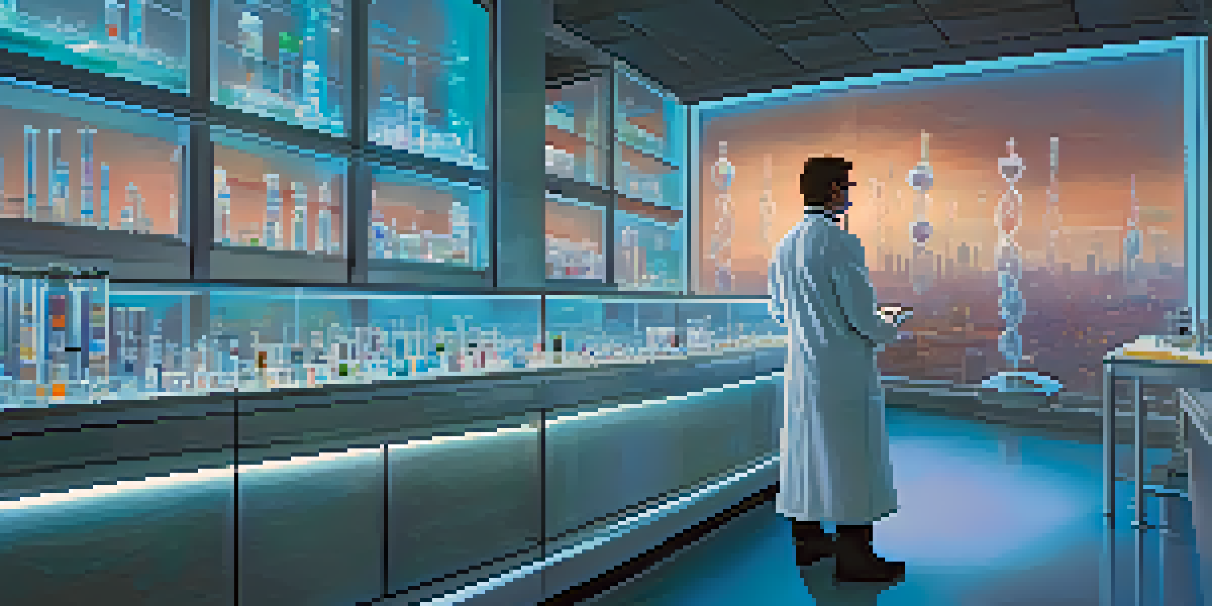 A futuristic laboratory showcasing genetic cloning technology with a scientist examining a holograph of DNA against a city skyline at dusk.