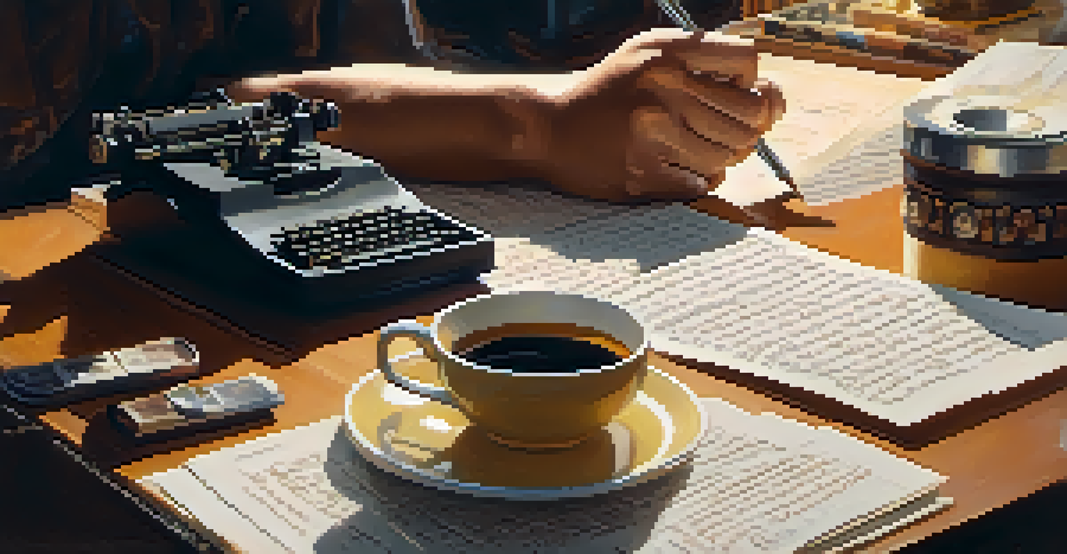 A close-up of a filmmaker's hands writing on a script with cultural artifacts around and warm lighting creating an inspiring atmosphere.