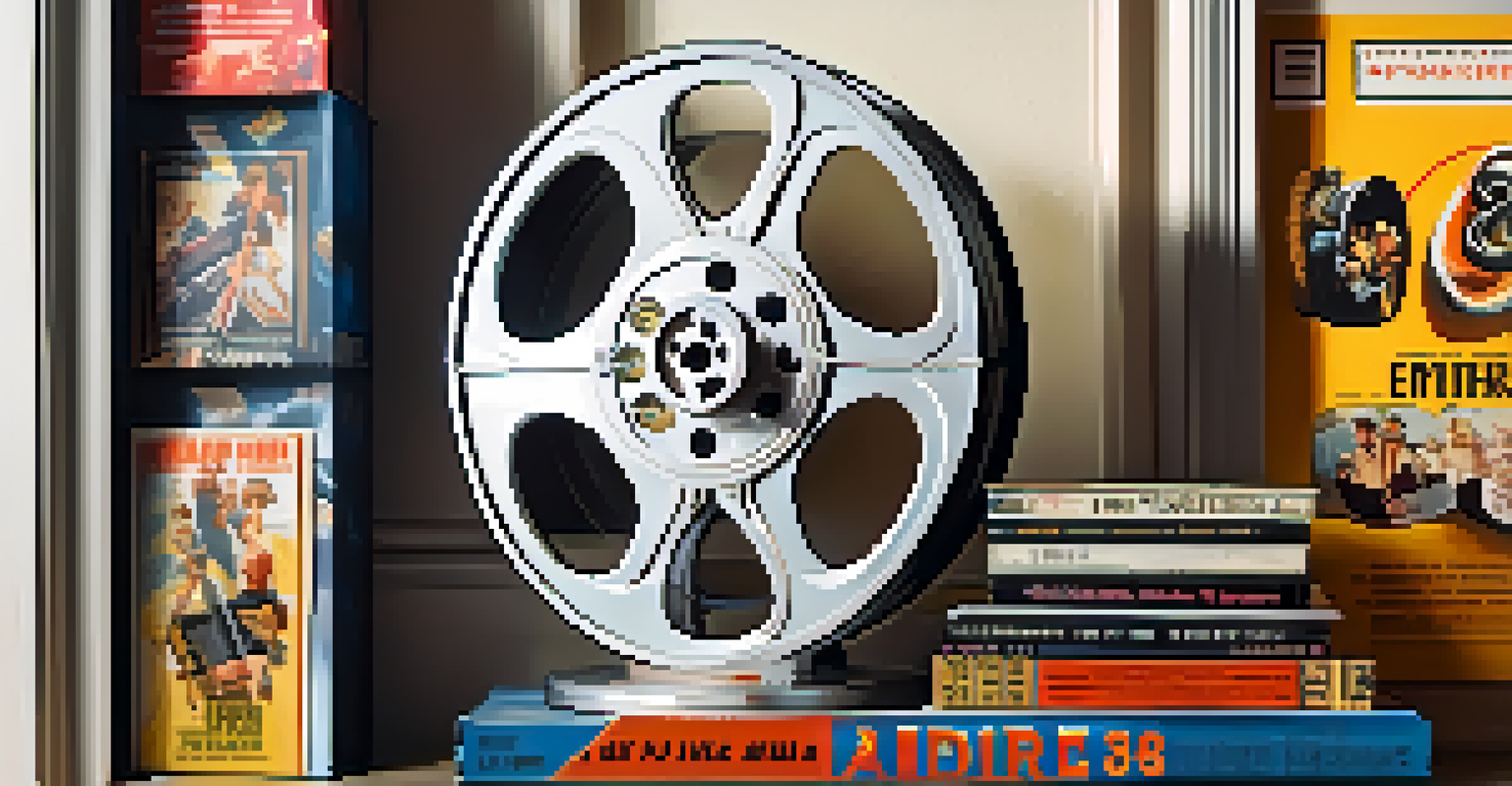 A vintage film reel unspooled next to a stack of colorful movie posters from iconic franchises, illuminated by soft natural light.