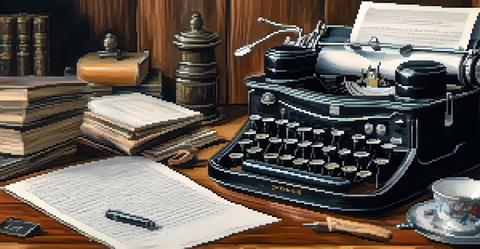 A vintage typewriter with a blank sheet of paper and scattered handwritten notes.