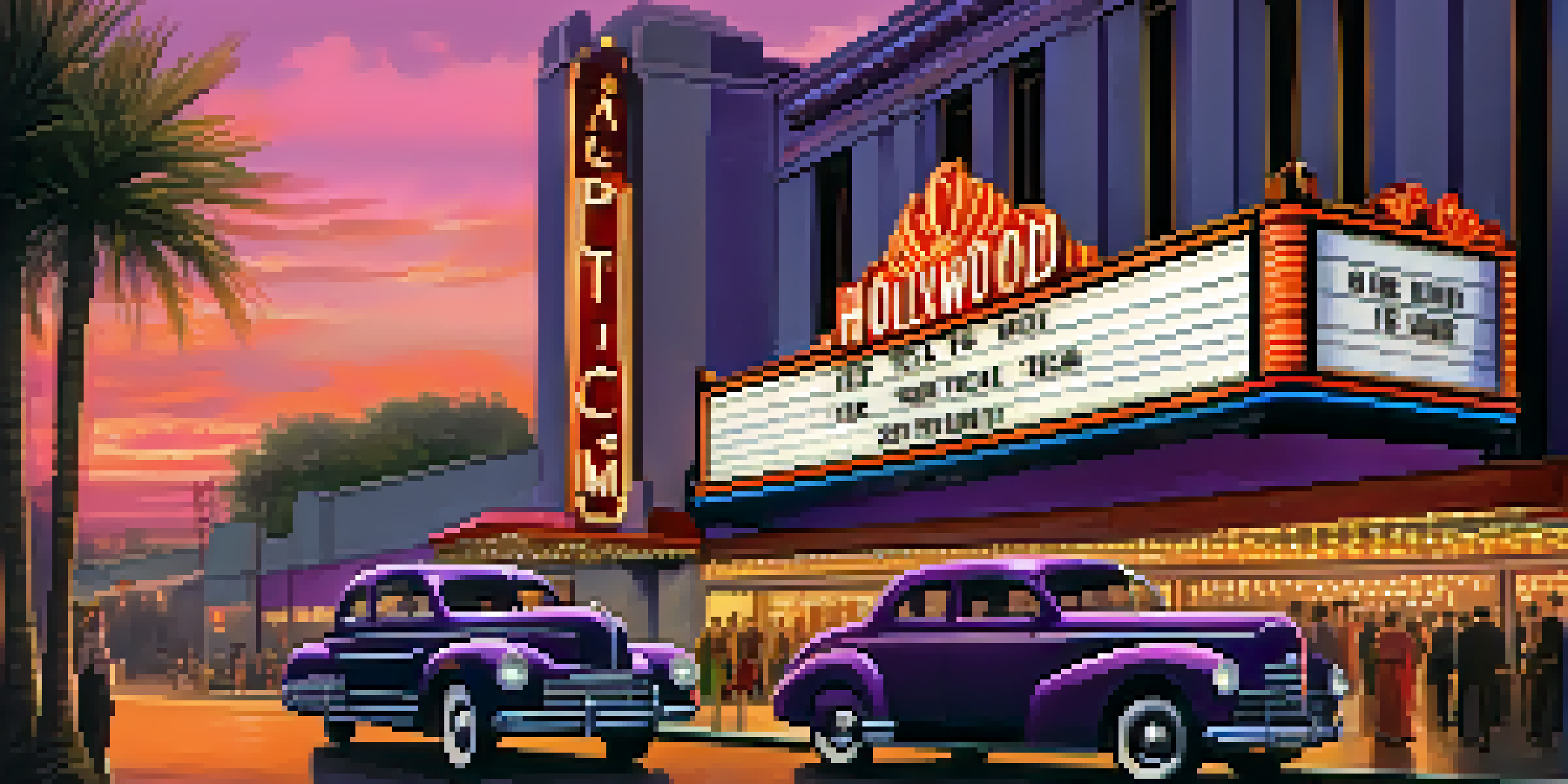 A classic 1940s Hollywood movie theater with neon lights and a bustling crowd in vintage clothing during twilight.