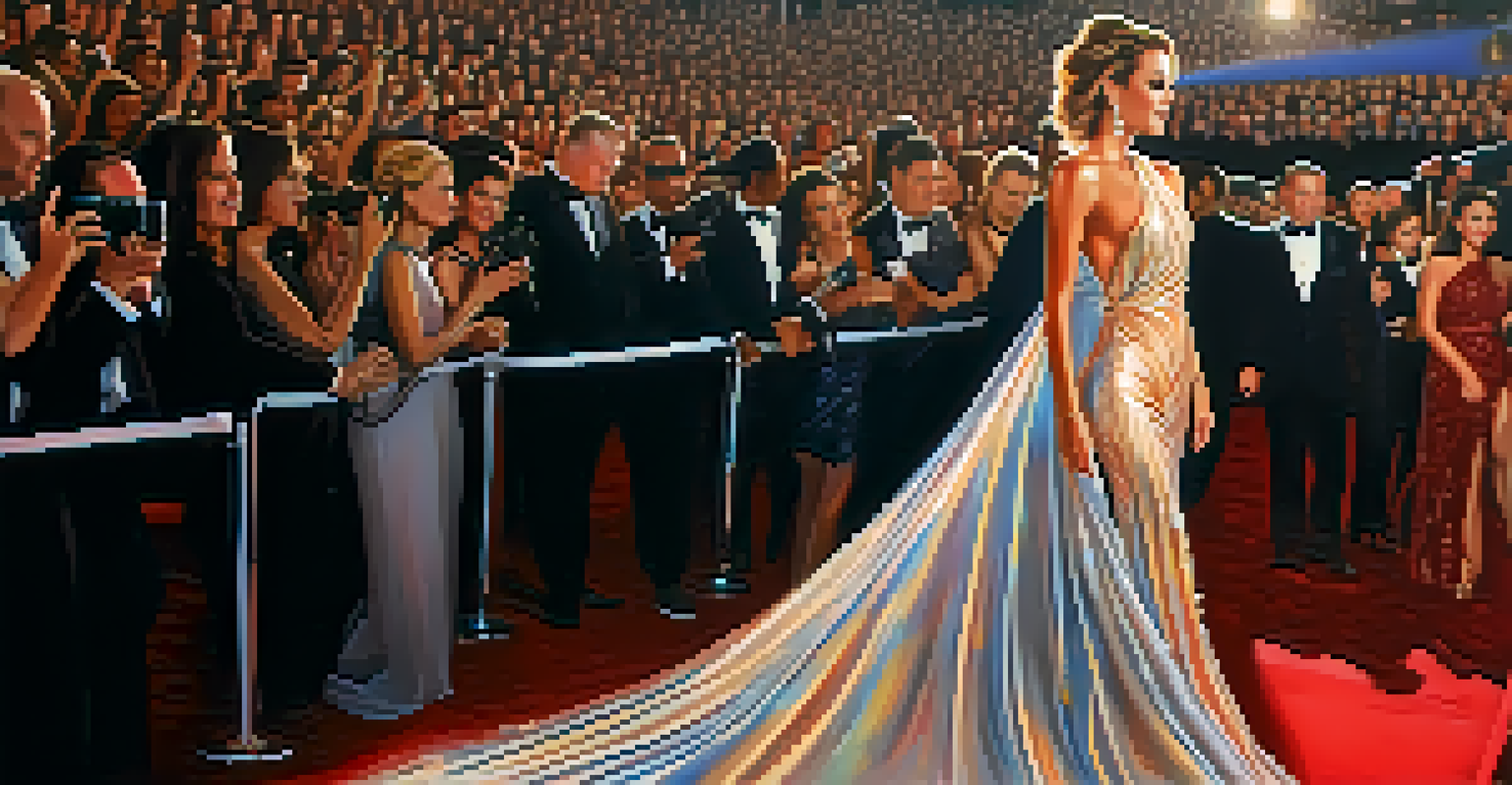A glamorous close-up of a celebrity in a designer gown on the red carpet, with bright lights and a blurred crowd in the background.