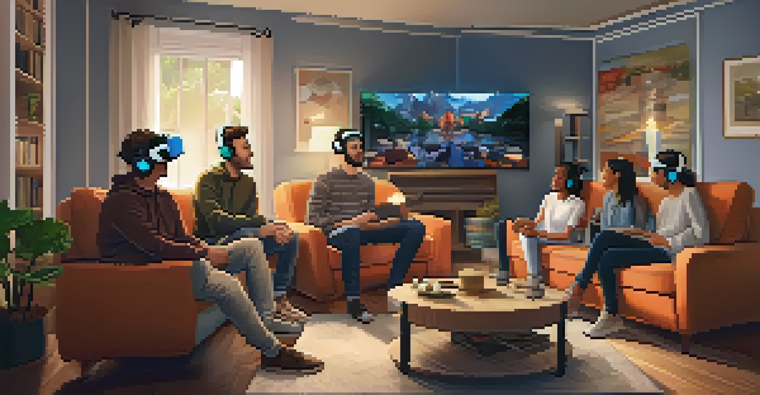 A cozy living room with friends wearing VR headsets, engaged in an interactive storytelling experience together.
