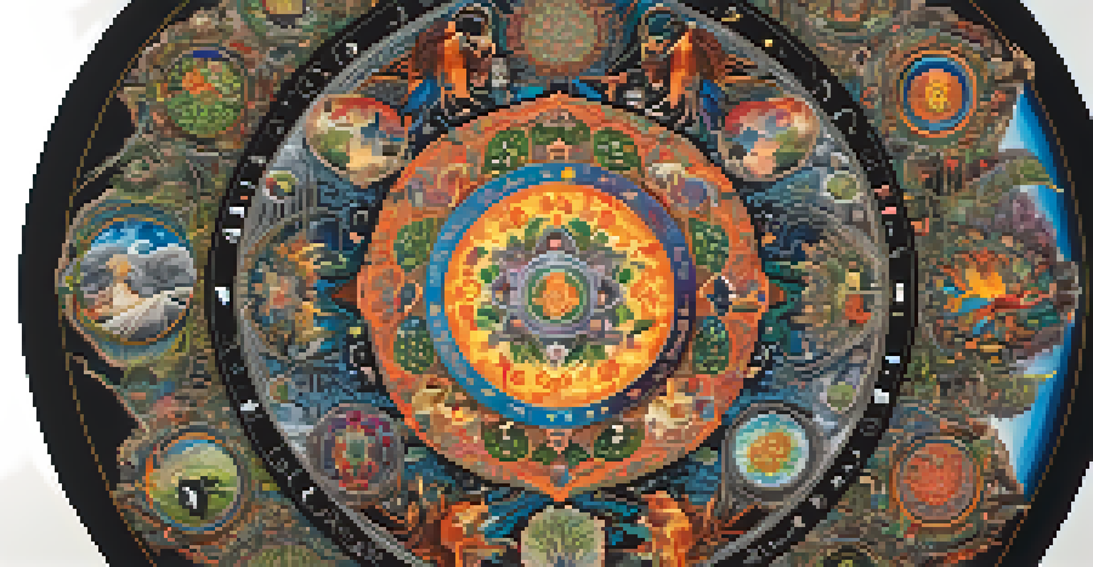 A colorful mandala design symbolizing the cycle of life and death with intricate patterns and nature imagery.