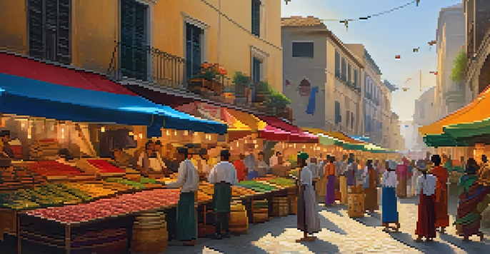 A lively street market with diverse musicians performing, colorful stalls, and bright banners under warm sunlight.