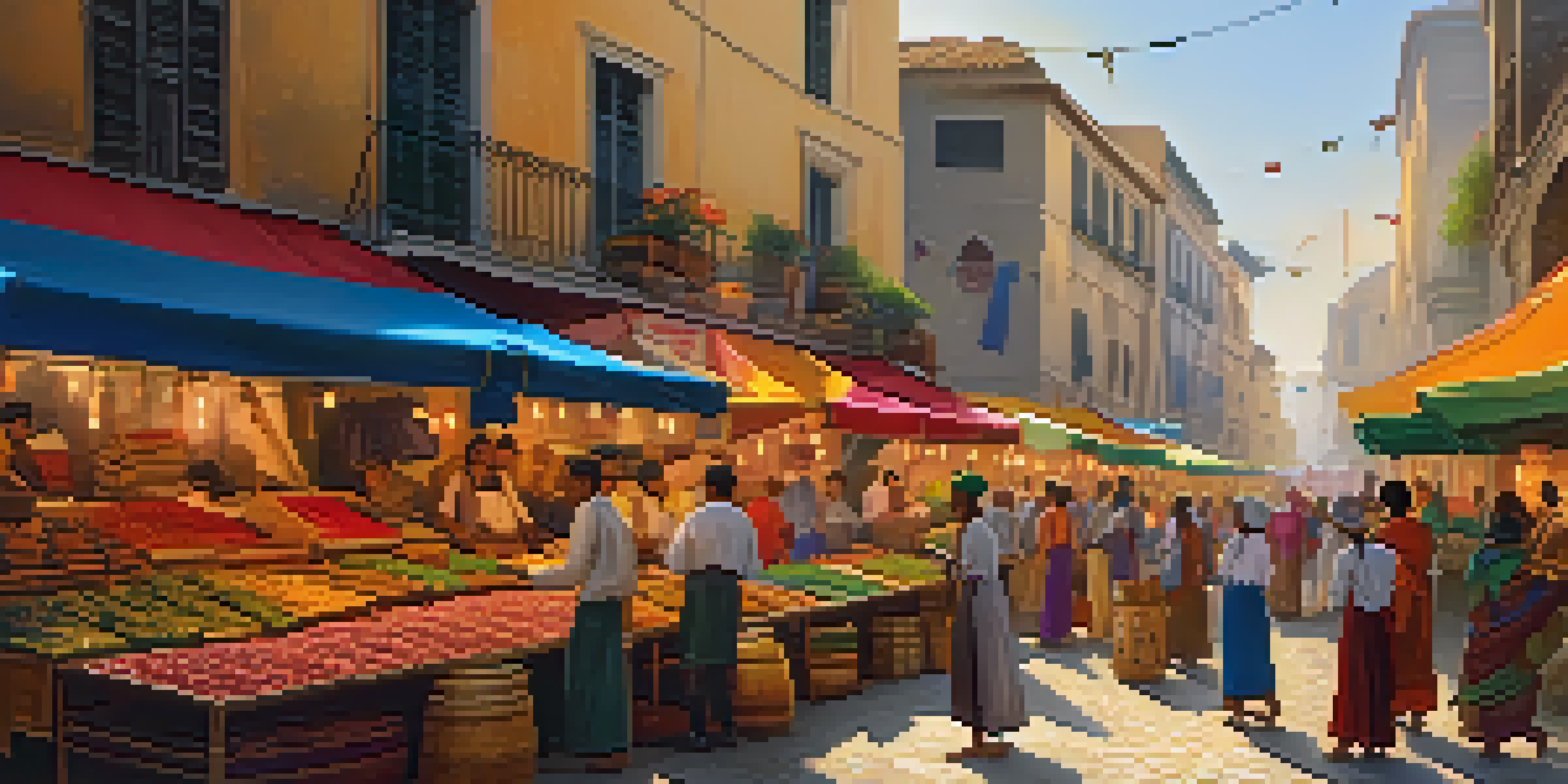 A lively street market with diverse musicians performing, colorful stalls, and bright banners under warm sunlight.