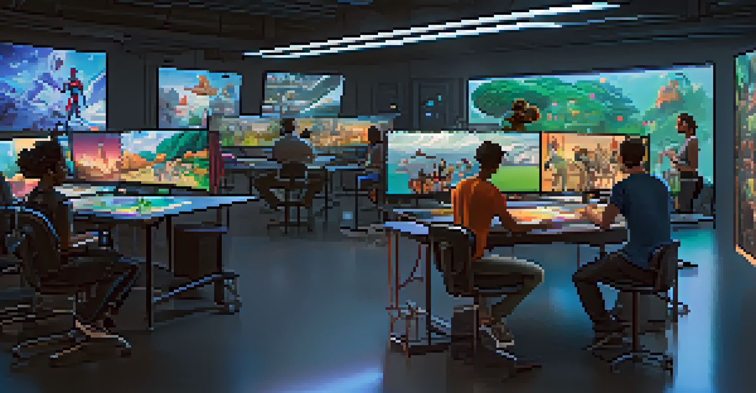 A vibrant animation studio with diverse artists collaborating on animated projects, showcasing high-tech equipment and colorful storyboards.