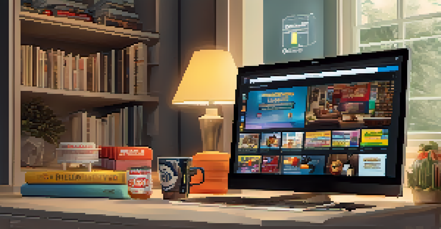 An inviting online shopping scene on a computer showing exclusive movie merchandise, with a warm home environment in the background.
