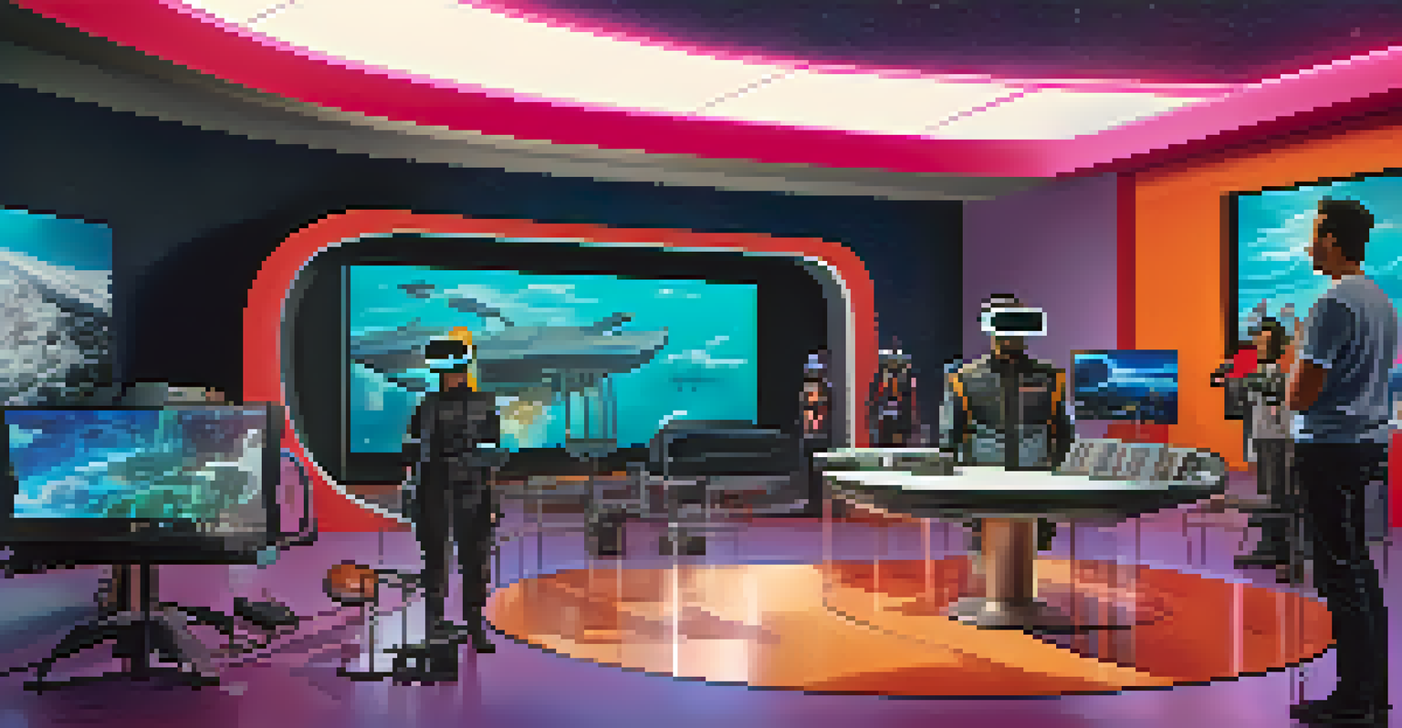 A modern studio environment showcasing filmmakers using virtual reality and holographic screens, symbolizing the evolution of film and television storytelling.