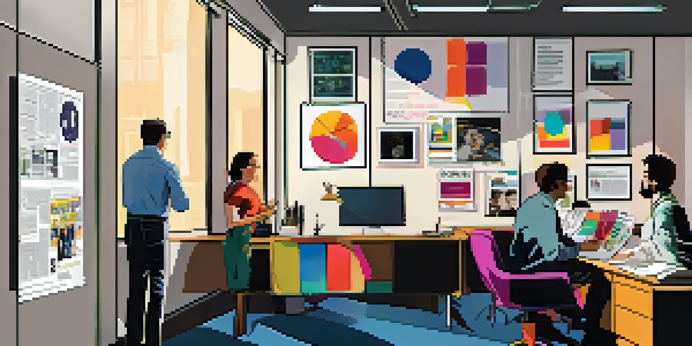 A female film director discussing ideas with a diverse marketing team in a bright office filled with colorful film posters.