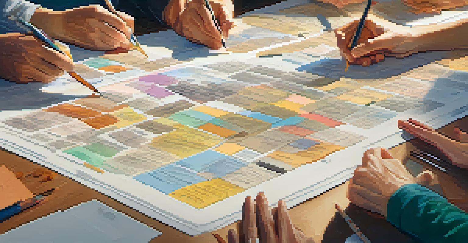 Close-up of diverse hands collaborating on a film storyboard with colorful sketches.
