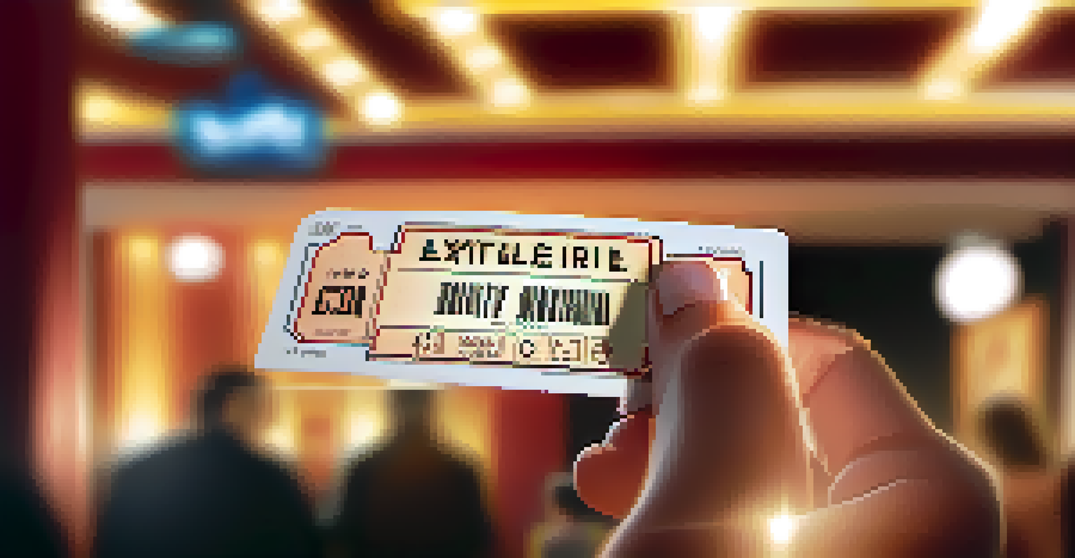 A close-up of a hand holding a movie ticket, with a blurred cinema lobby in the background, creating a sense of excitement.