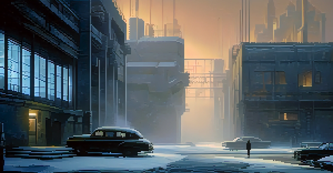 A film set of a dystopian future with cold architecture and dramatic lighting creating an eerie atmosphere.