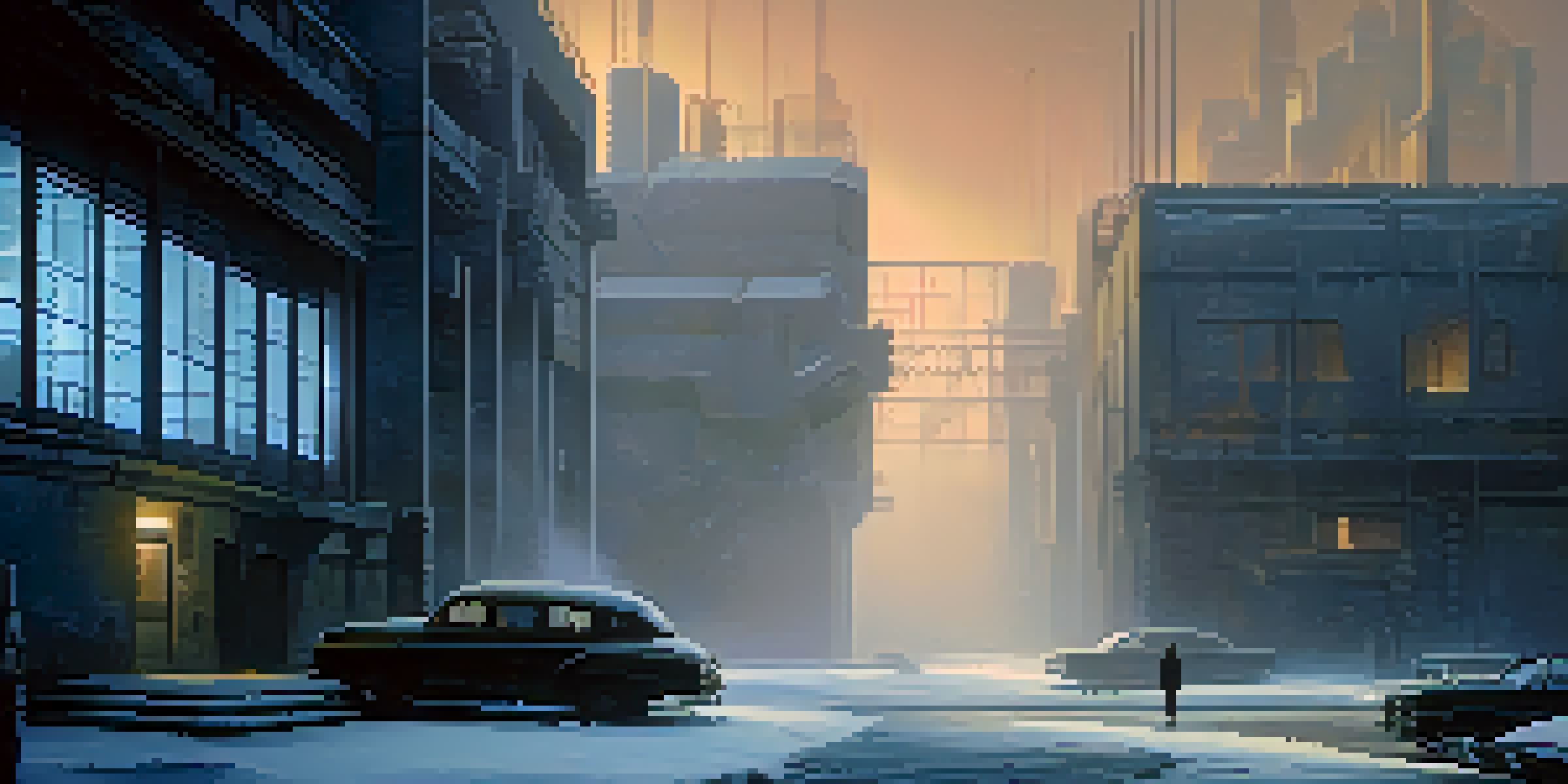 A film set of a dystopian future with cold architecture and dramatic lighting creating an eerie atmosphere.