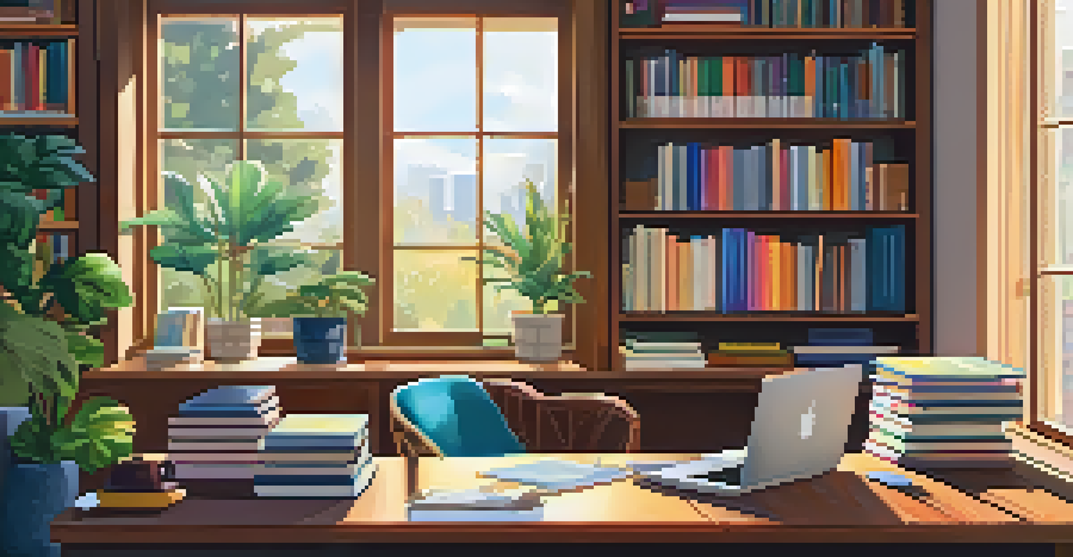 A cozy home office with a wooden desk, laptop open to a streaming service, bookshelves, and sunlight streaming through a window.
