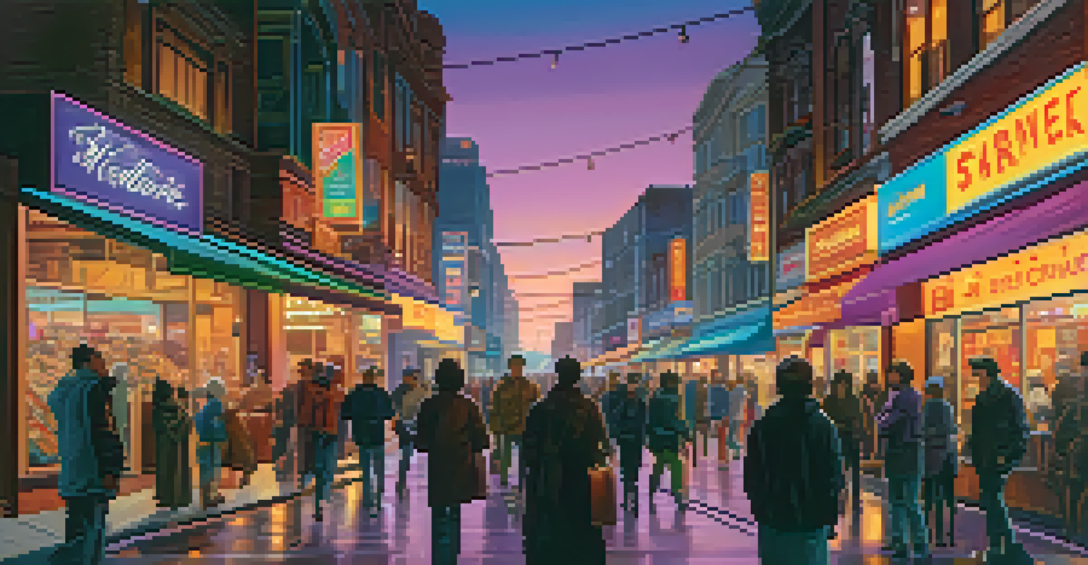 A bustling city street at dusk with neon lights and people, set against a purple sky.