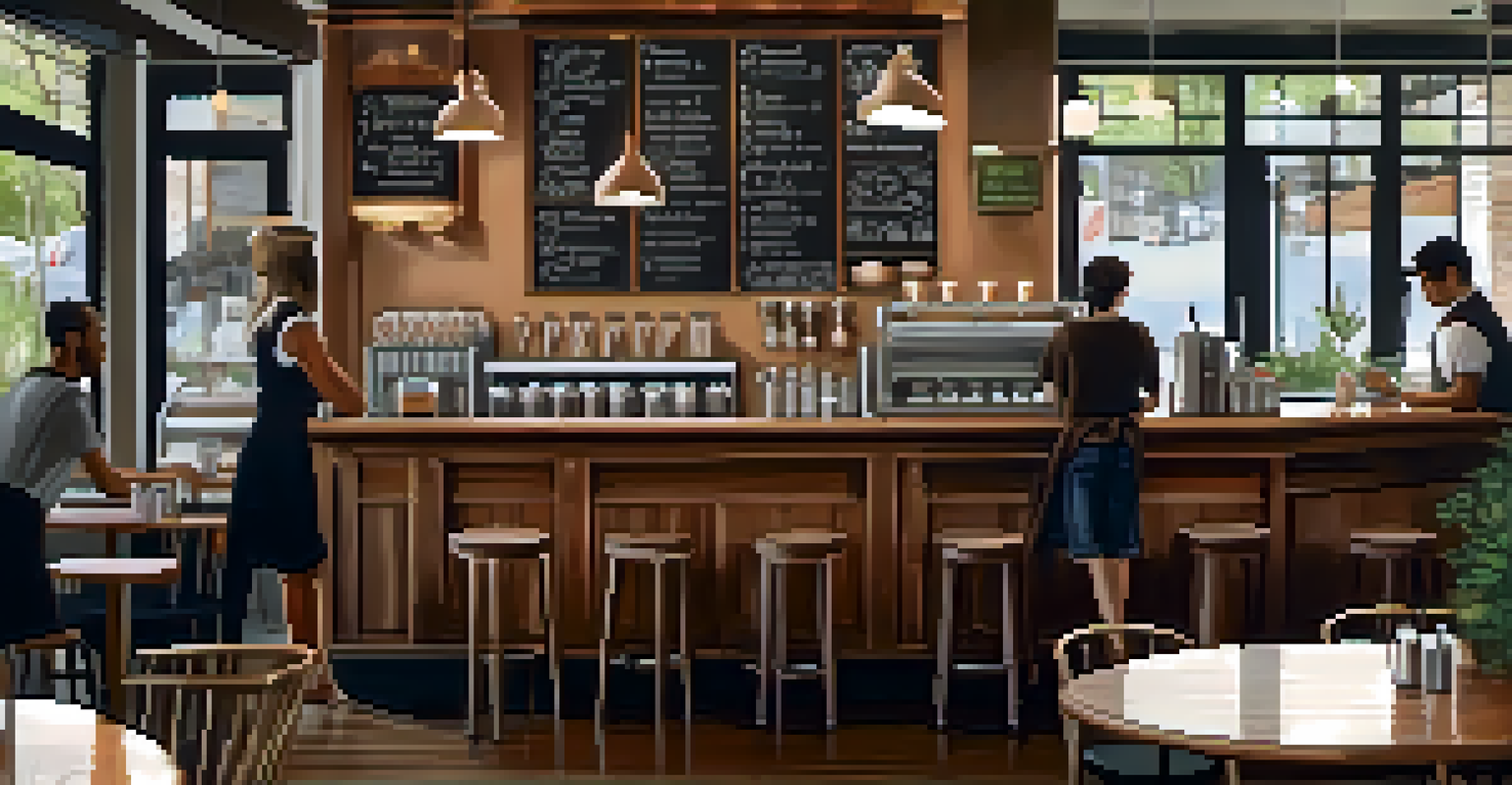 A vibrant café with a barista making coffee, wooden furniture, patrons at tables, and large windows letting in natural light and showcasing greenery.