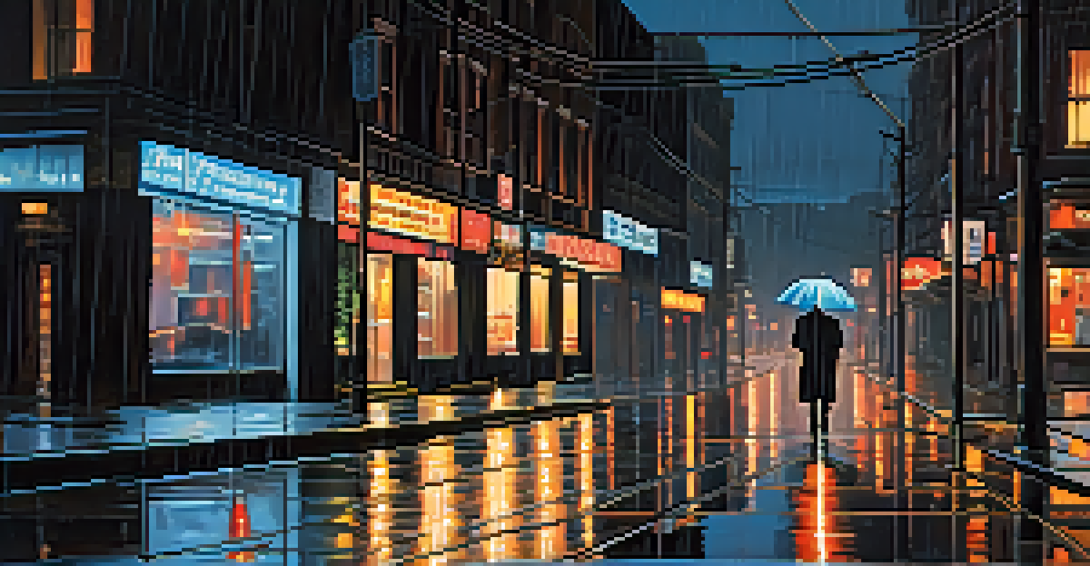 A rainy city street at night, with a figure walking under an umbrella and neon lights reflecting on the pavement.