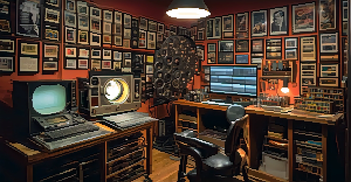 A technician in a vintage film restoration studio, working on an old film reel amidst various film equipment and classic movie posters.