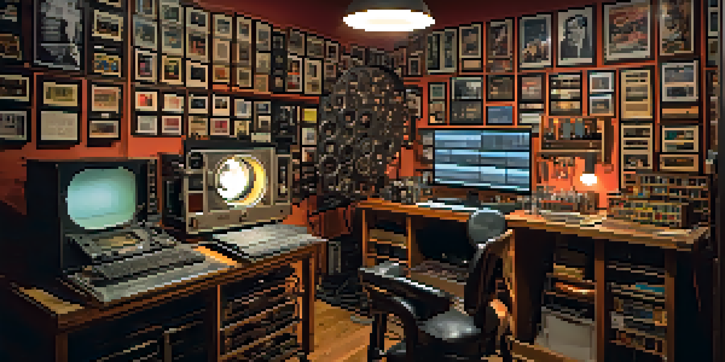 A technician in a vintage film restoration studio, working on an old film reel amidst various film equipment and classic movie posters.