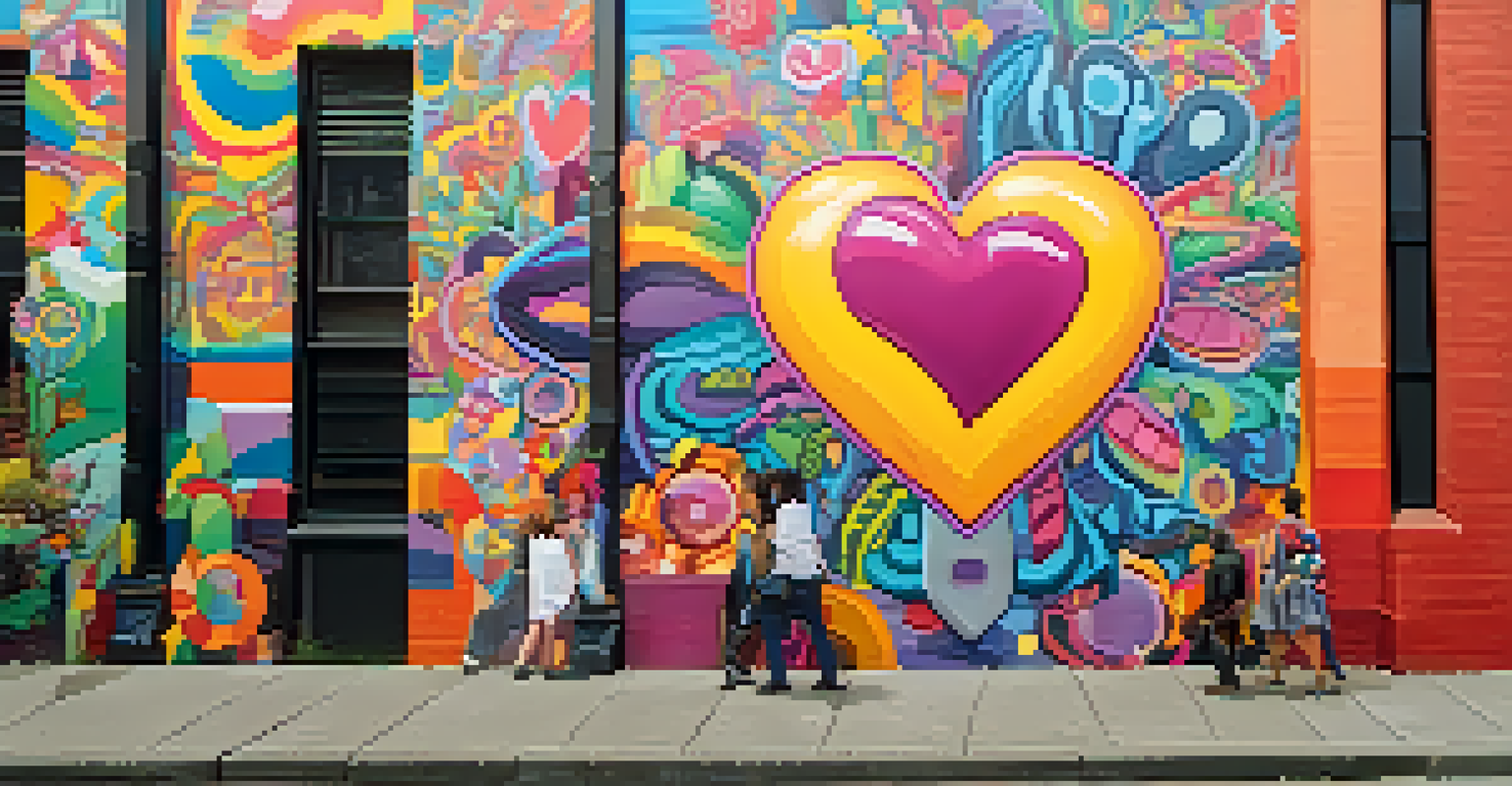 A colorful mural on a city wall featuring mental health symbols and community members admiring it.