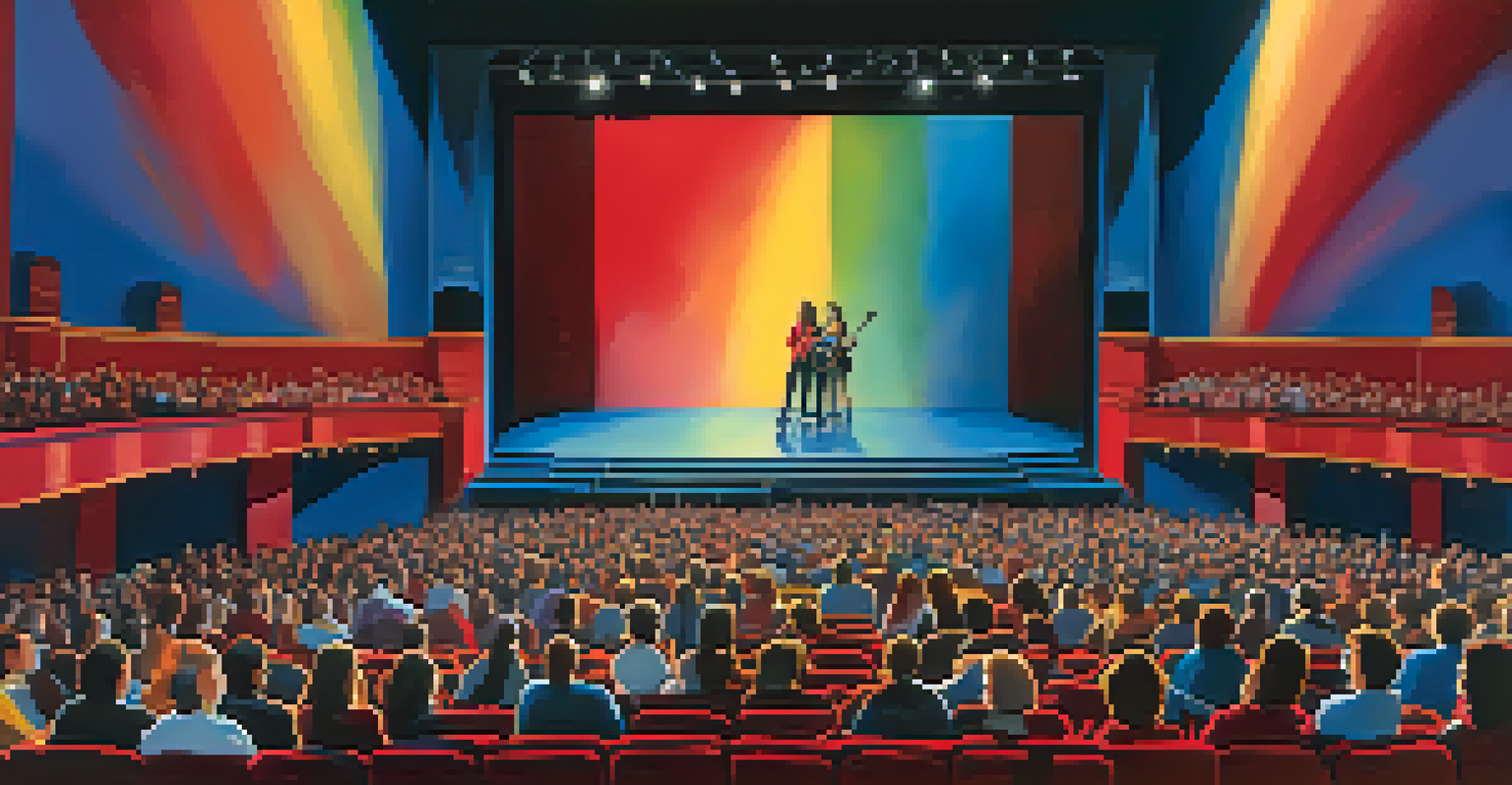 A talent showcase event in an auditorium, with actors and writers performing on stage under bright lights, surrounded by an engaged audience.