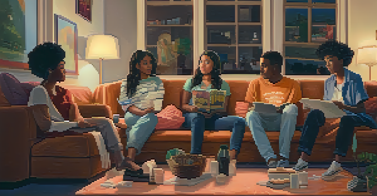 A diverse group of friends watching a film in a cozy living room, showcasing expressions of amusement and contemplation.