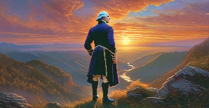 A historical figure, dressed in 18th-century attire, stands heroically against a colorful sunset, with dramatic lighting emphasizing their strength.