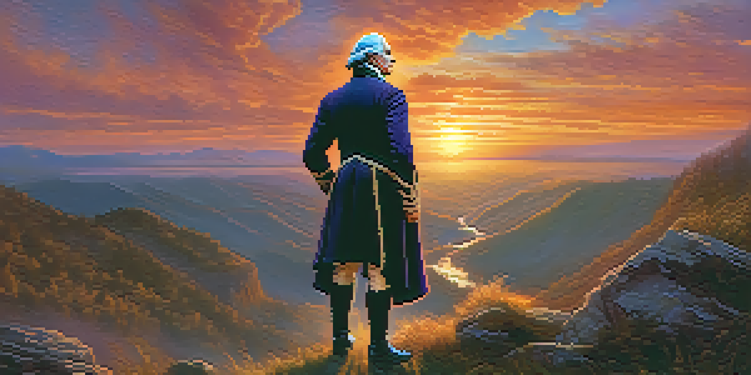 A historical figure, dressed in 18th-century attire, stands heroically against a colorful sunset, with dramatic lighting emphasizing their strength.