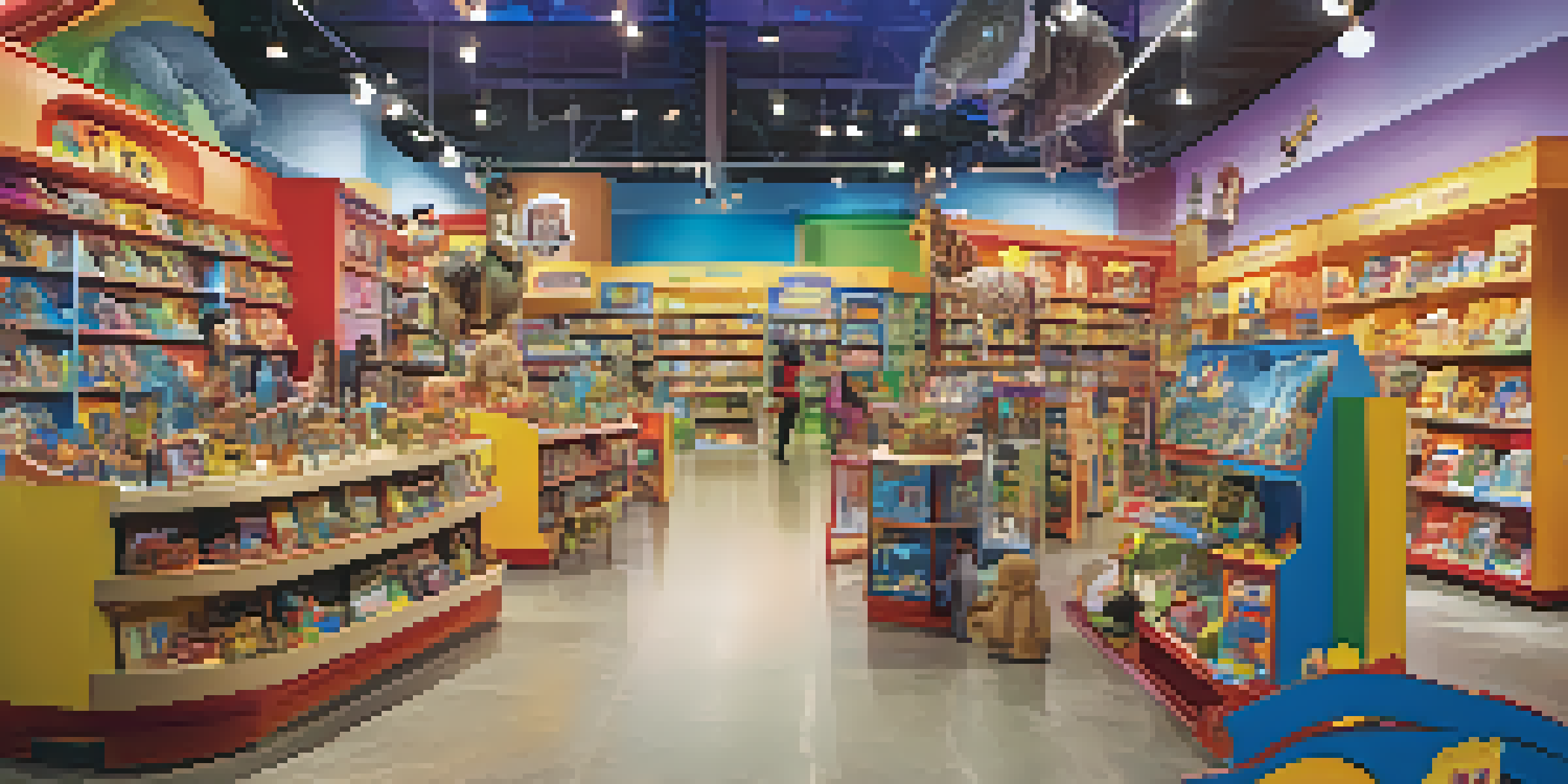 A colorful toy store with children engaging with various merchandise from animated films, featuring interactive displays and bright lighting.