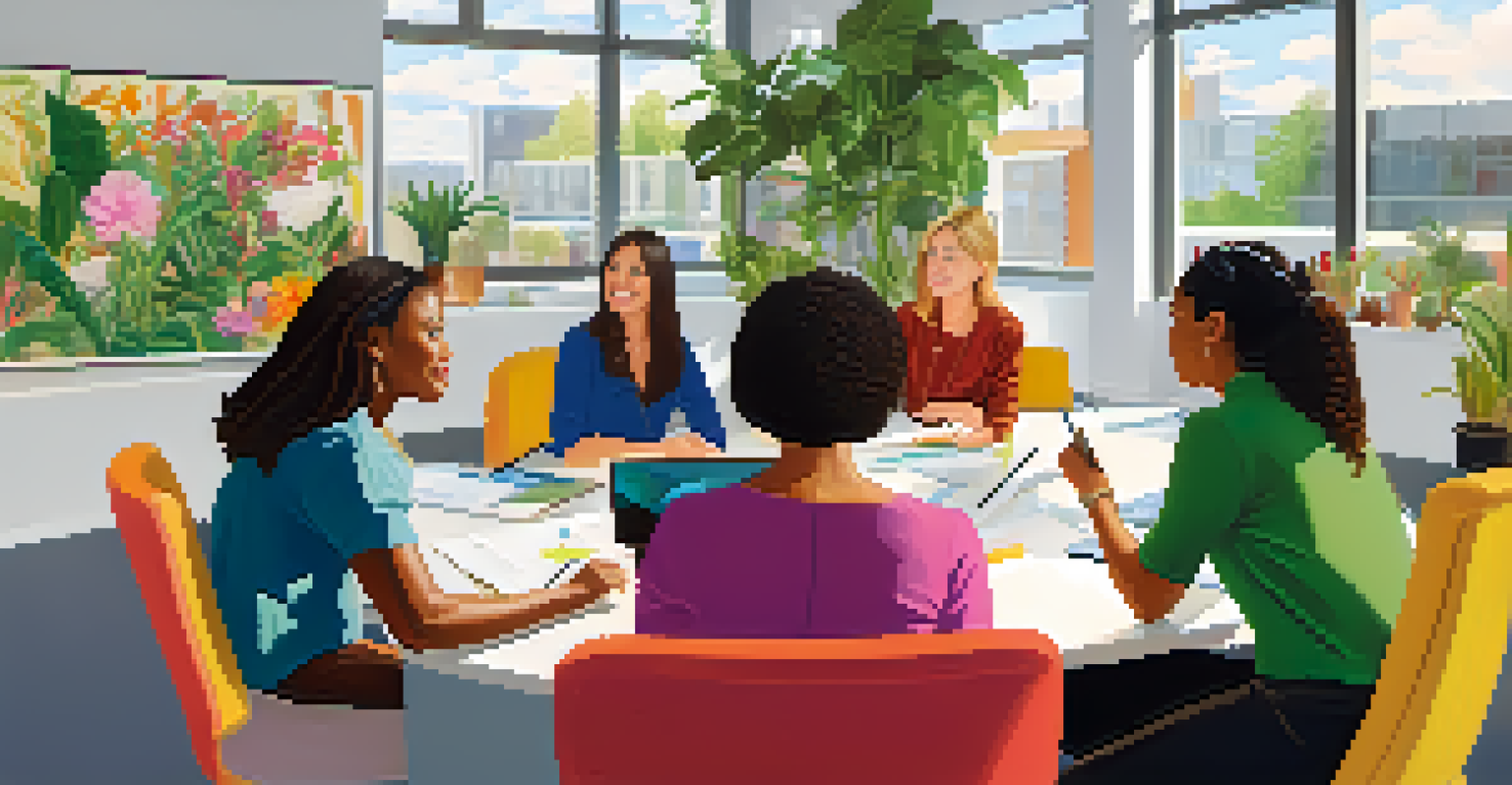 A diverse group of women in a modern office discussing ideas around a conference table, filled with natural light and vibrant decor.