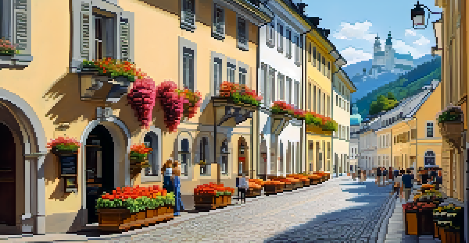 Charming street scene in Salzburg, Austria, featuring historic buildings with flowers, a fortress in the background, and tourists enjoying the day.