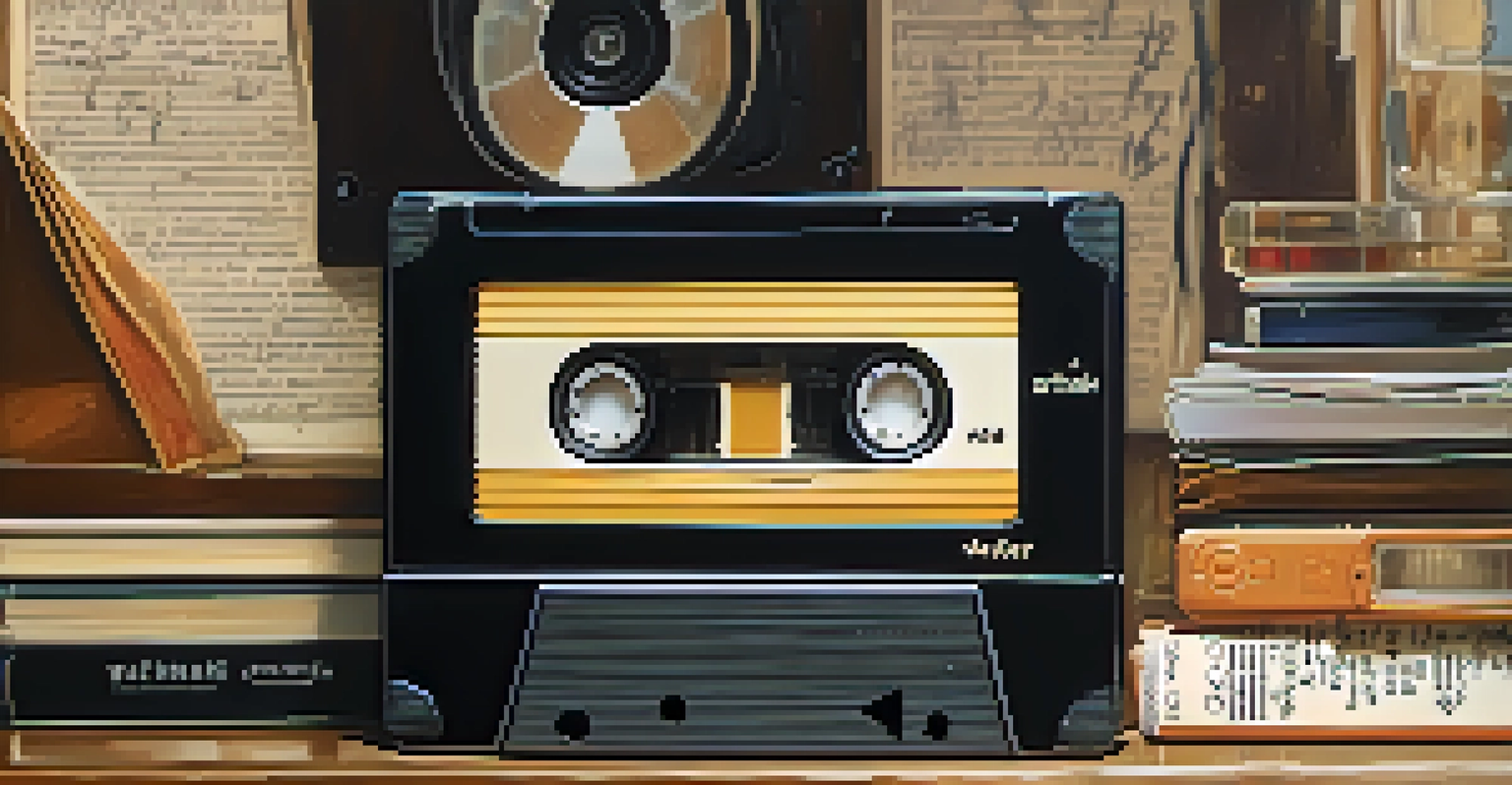 A vintage cassette tape and Walkman on a wooden table with handwritten notes and photographs.