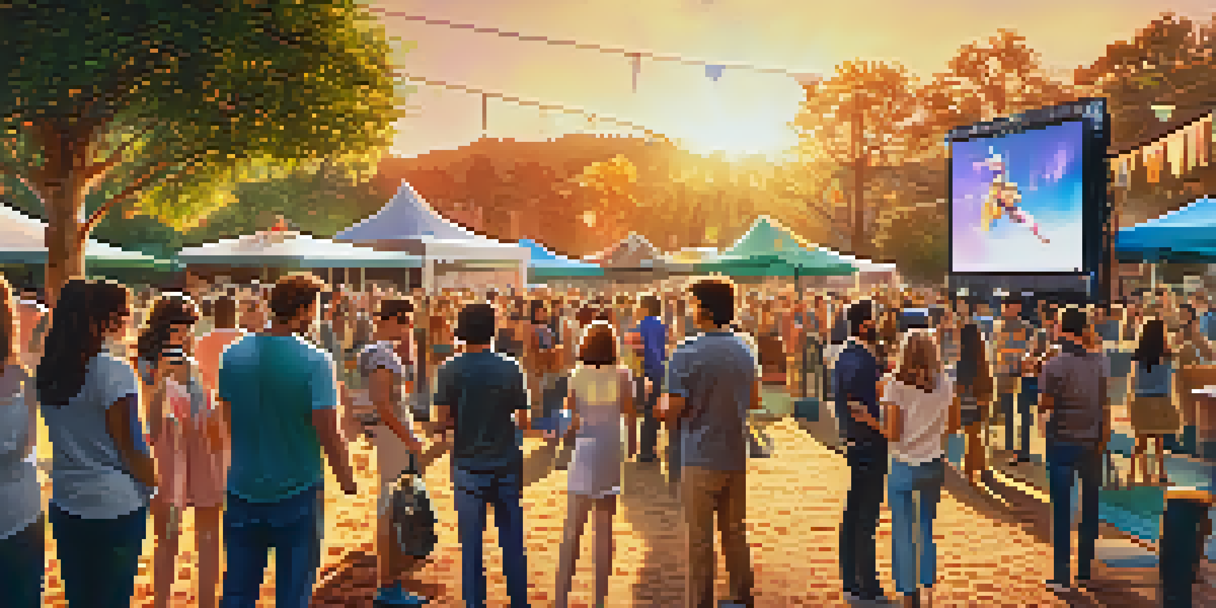 A lively outdoor film promotional event with attendees enjoying the trailer on a large screen, surrounded by colorful decorations and warm sunlight.