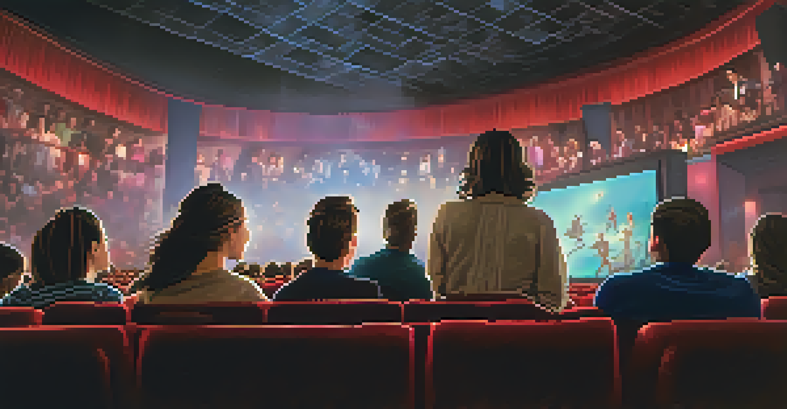 A diverse audience watching a movie trailer in a dimly lit cinema, showcasing their excited expressions.