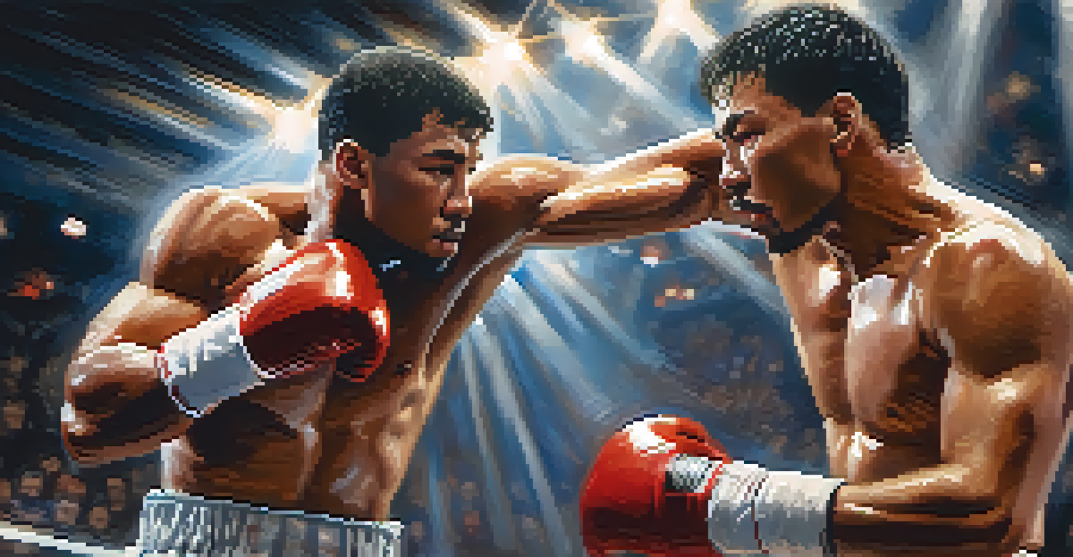 Two boxers in a ring exchanging punches under bright lights, with a blurred audience in the background.