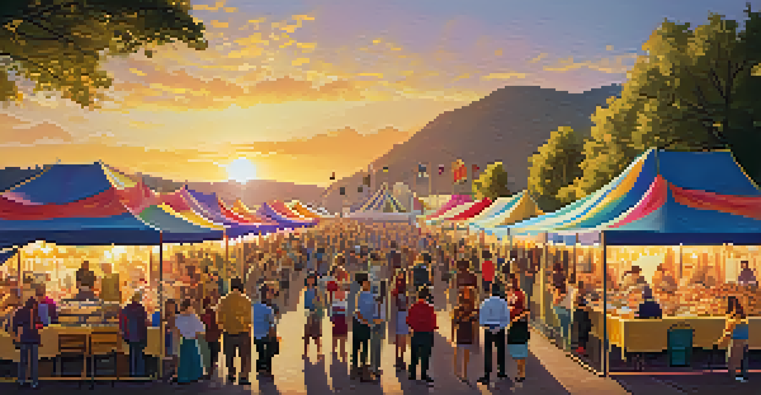A lively outdoor film festival with people enjoying screenings and food, vibrant decorations, and a sunset.