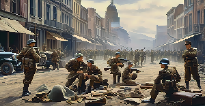 A film set showcasing a World War II scene with soldiers, props, and a war-torn city backdrop.