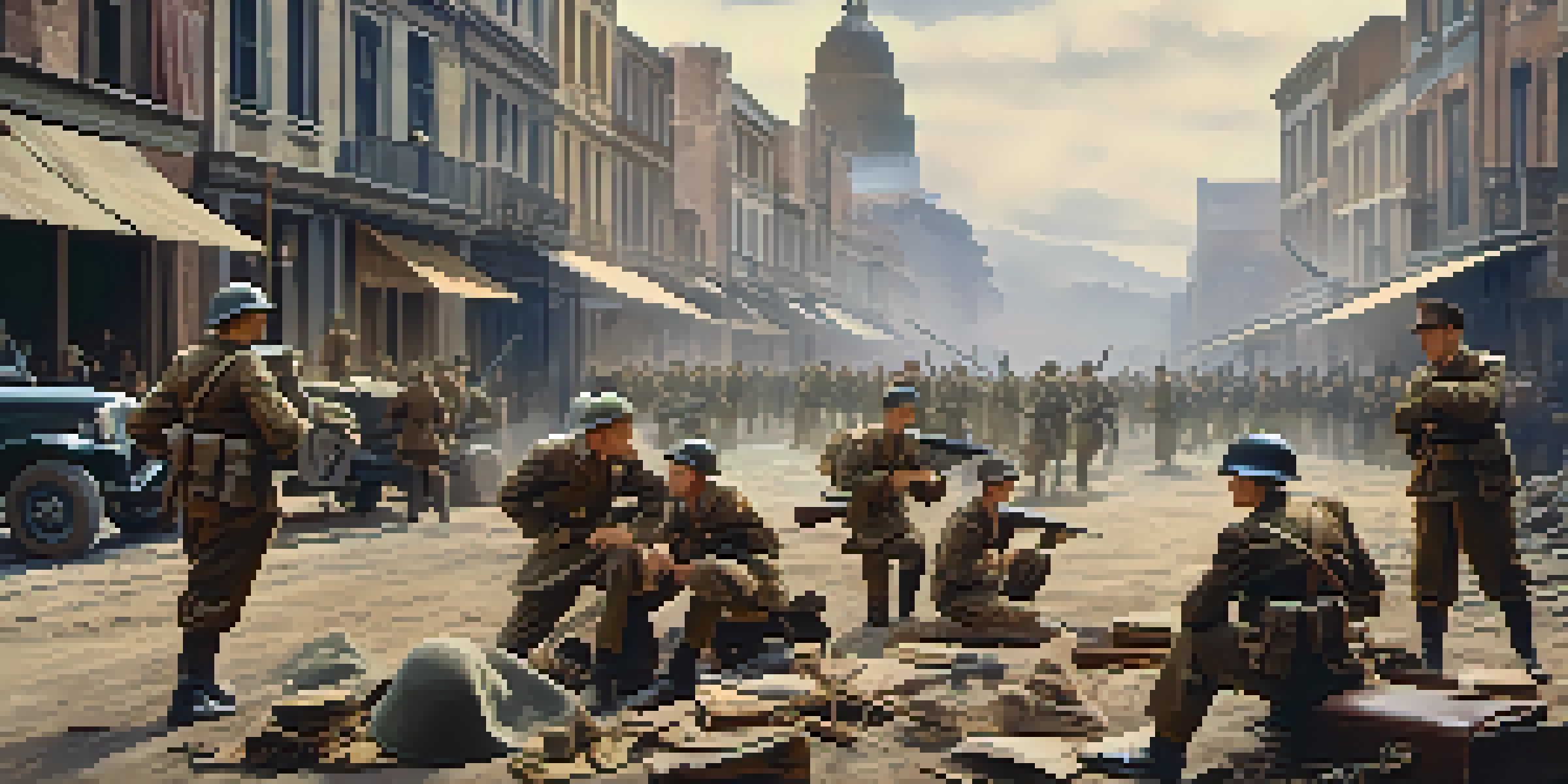 A film set showcasing a World War II scene with soldiers, props, and a war-torn city backdrop.
