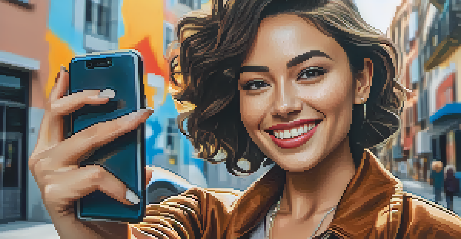 A young woman smiling and taking a selfie against a colorful urban backdrop with street art.