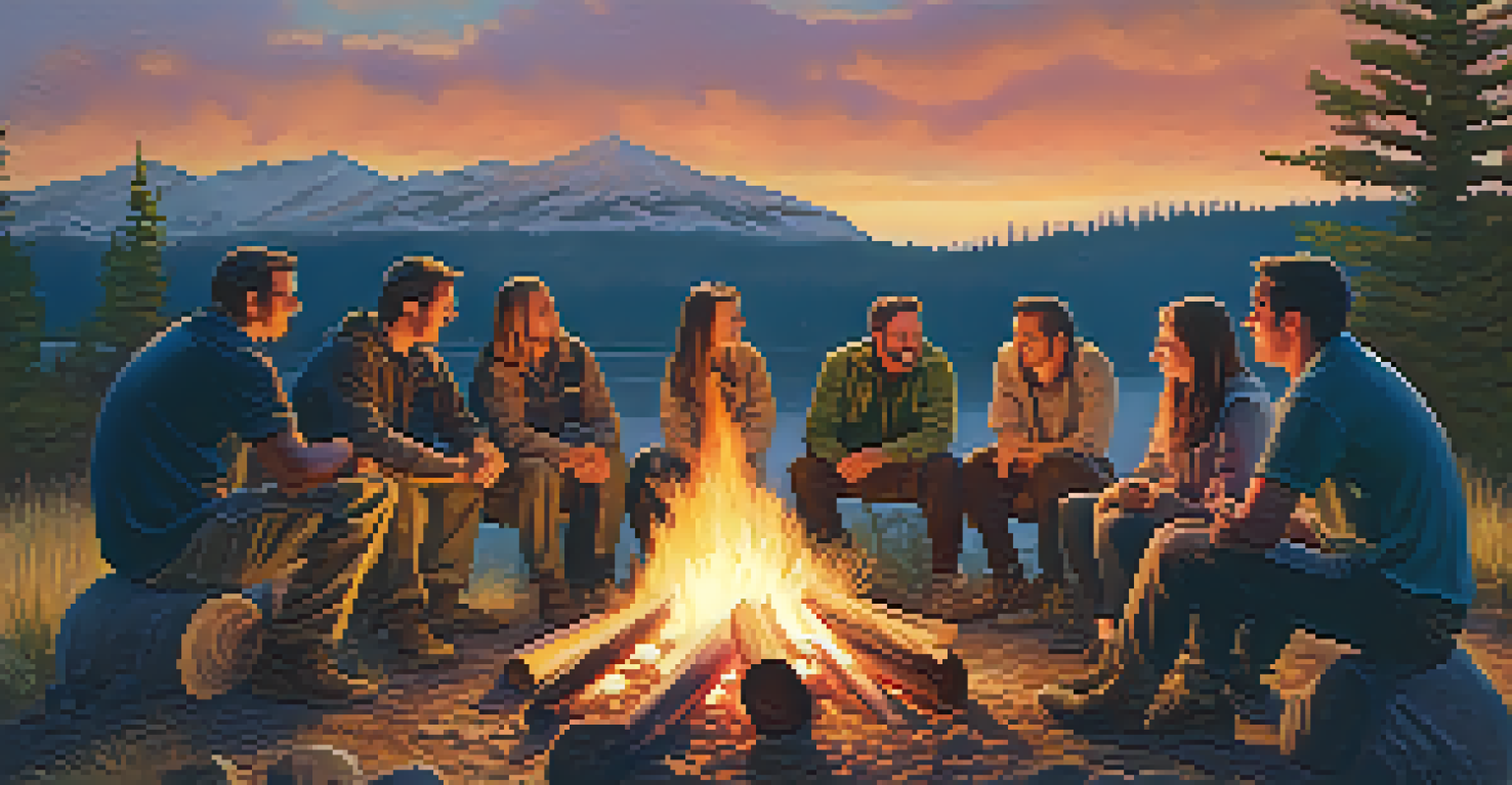 Filmmakers gathered around a campfire at sunset, sharing stories and building trust in a team-building exercise.