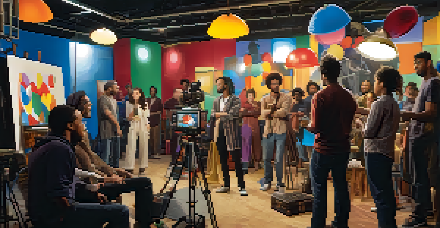 A film set with a diverse team of filmmakers and actors collaborating, filled with excitement and creativity.