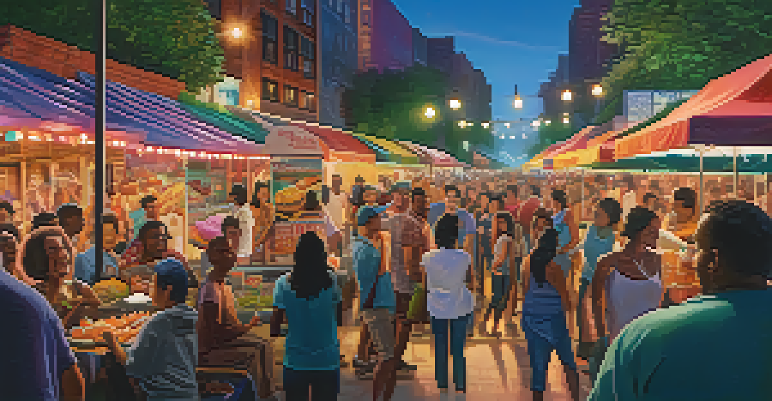 A lively street scene with a diverse group of people watching a streaming show on a large outdoor screen.