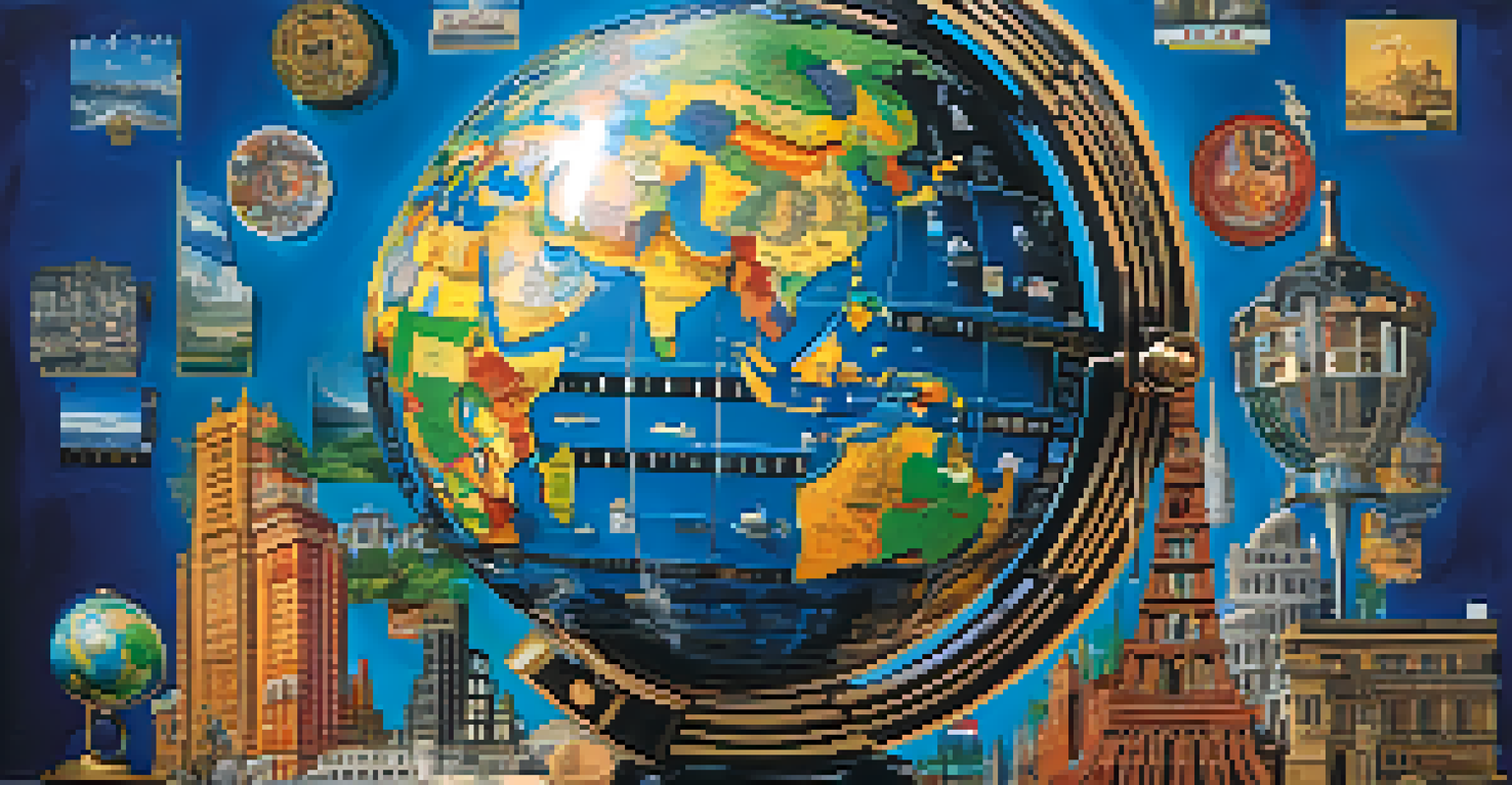 A film reel blending into a globe, surrounded by cultural symbols from different countries, representing Hollywood's global influence.